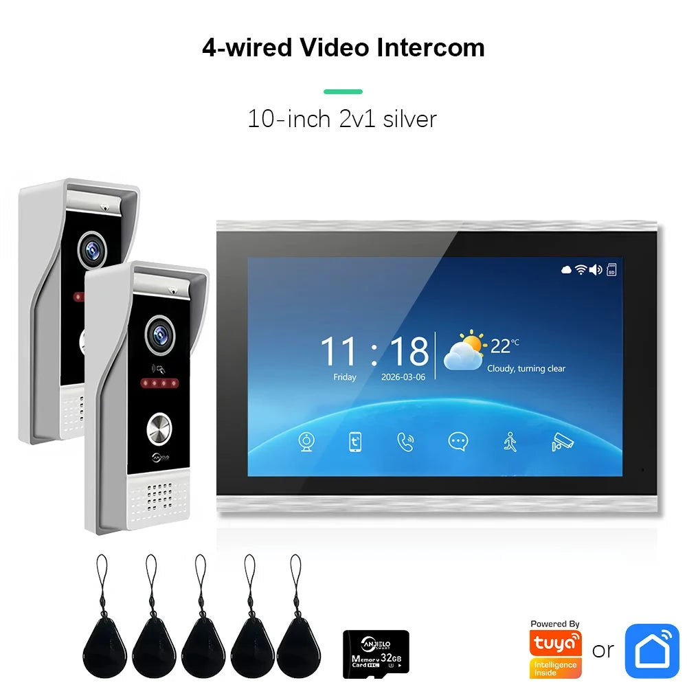 4-wired video intercom with 10-inch monitor, silver indoor unit, two door stations