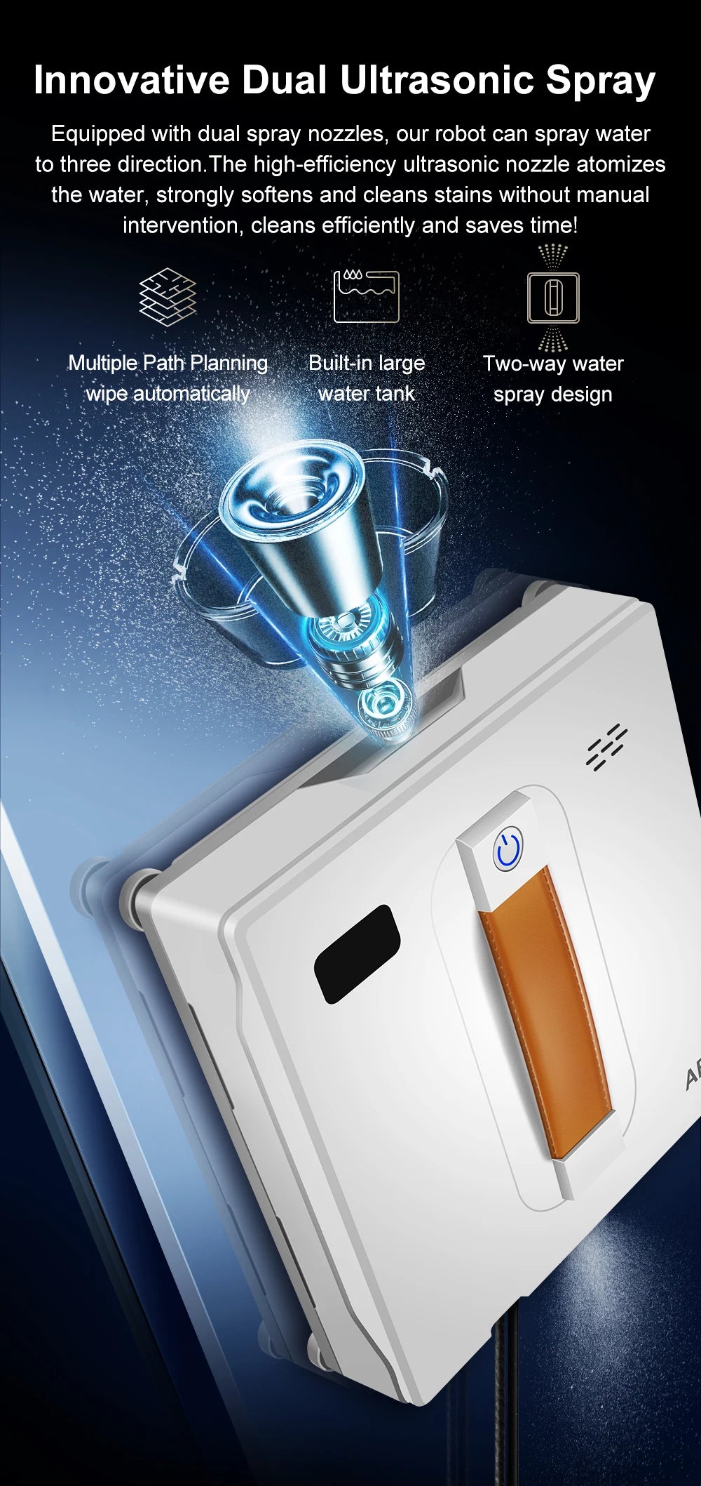 Tidesmit ABIR WD8 robotic window cleaner with dual spray and laser sensor showing side angle and app interface