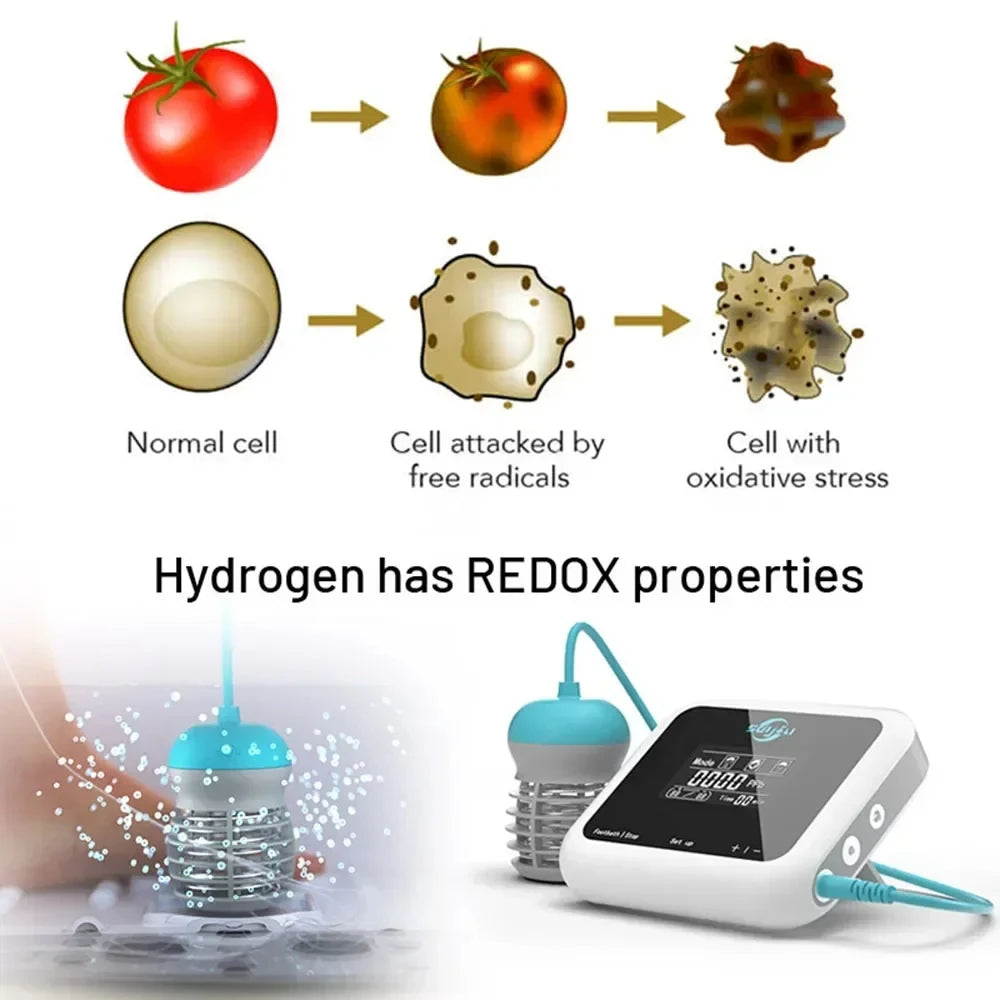 Ionic detox foot spa machine with blue ion array and digital control unit showing hydrogen redox science diagram.