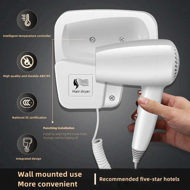 White wall-mounted hair dryer for hotels and homes with intelligent temperature control and durable ABS design.