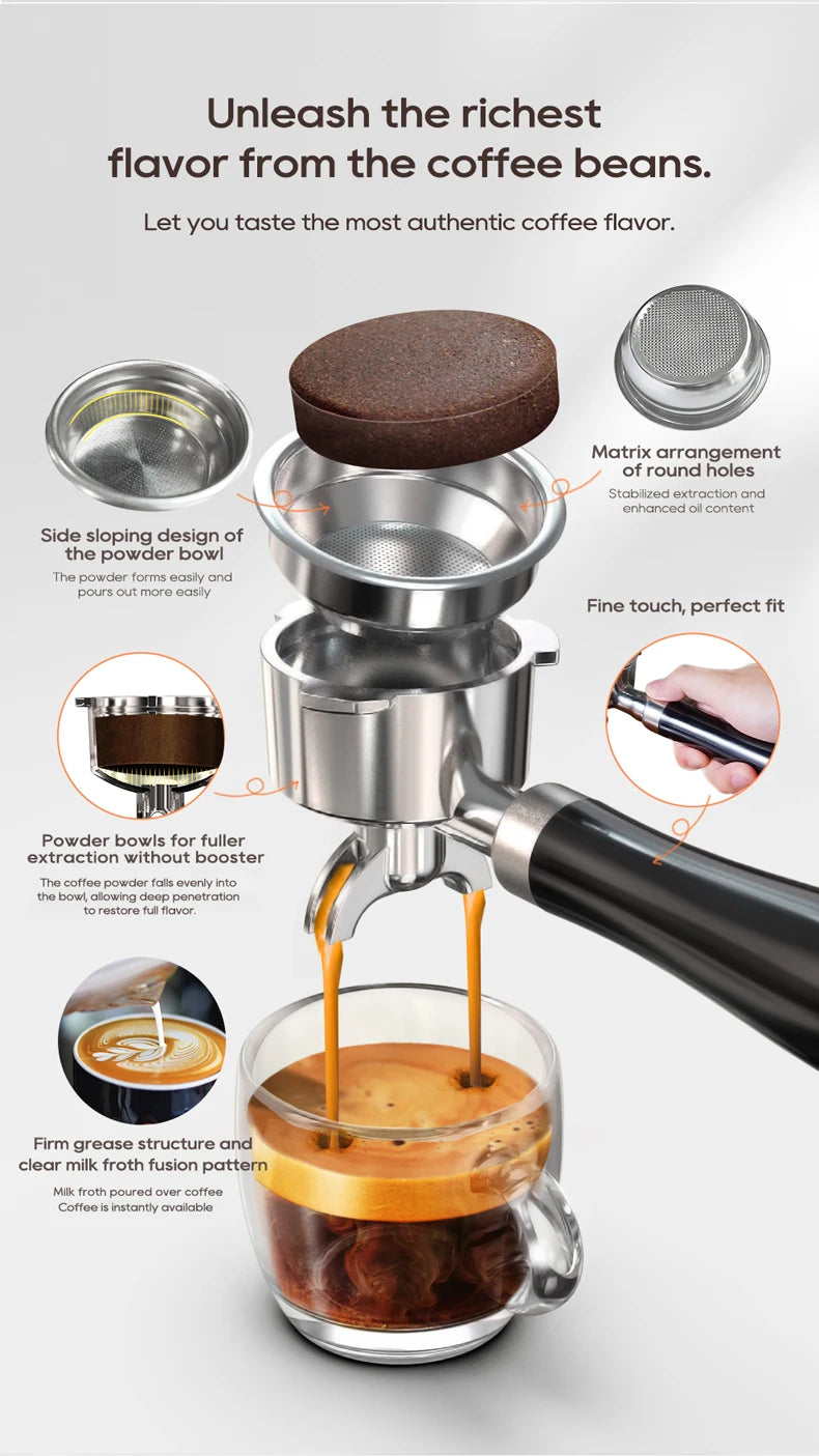 Stainless steel espresso portafilter with filter basket and black handle, shown during coffee extraction.