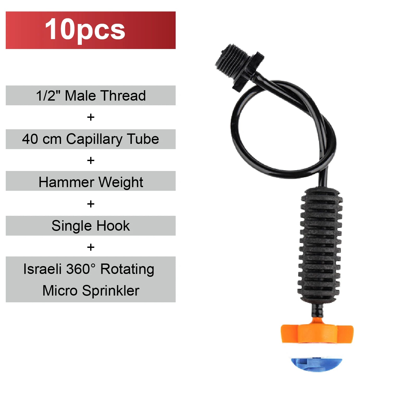 Black 360 rotating mist micro sprinkler nozzle kit with capillary tube, orange top and blue deflector