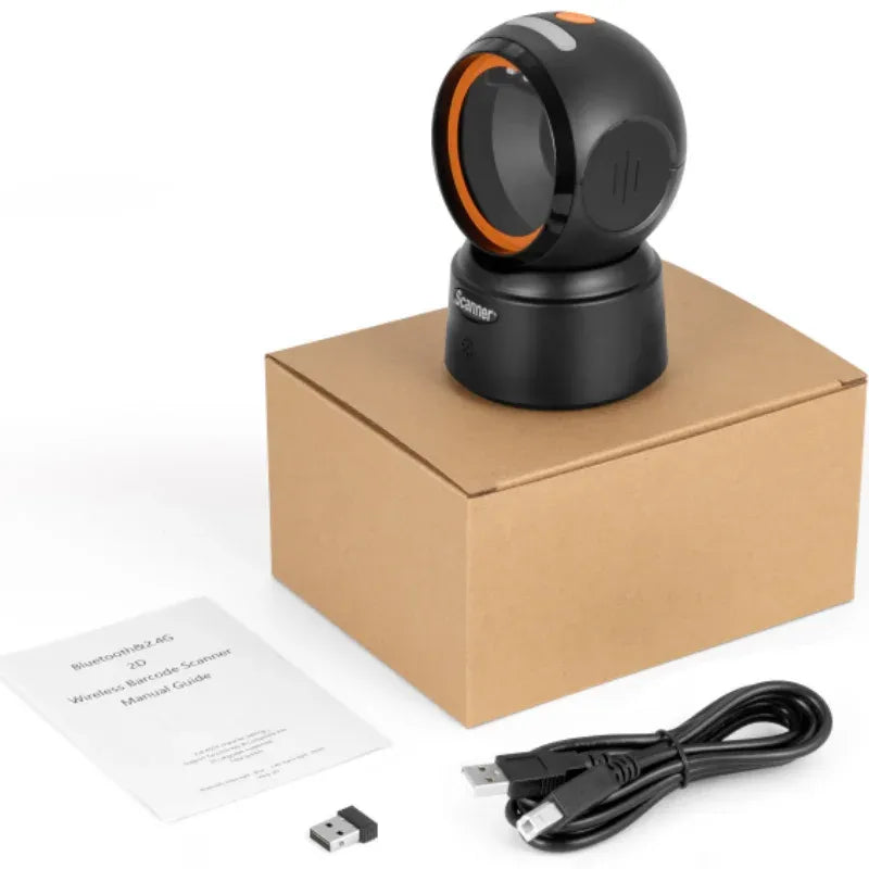 Black wired desktop QR scanner on box with USB cable and instruction sheet