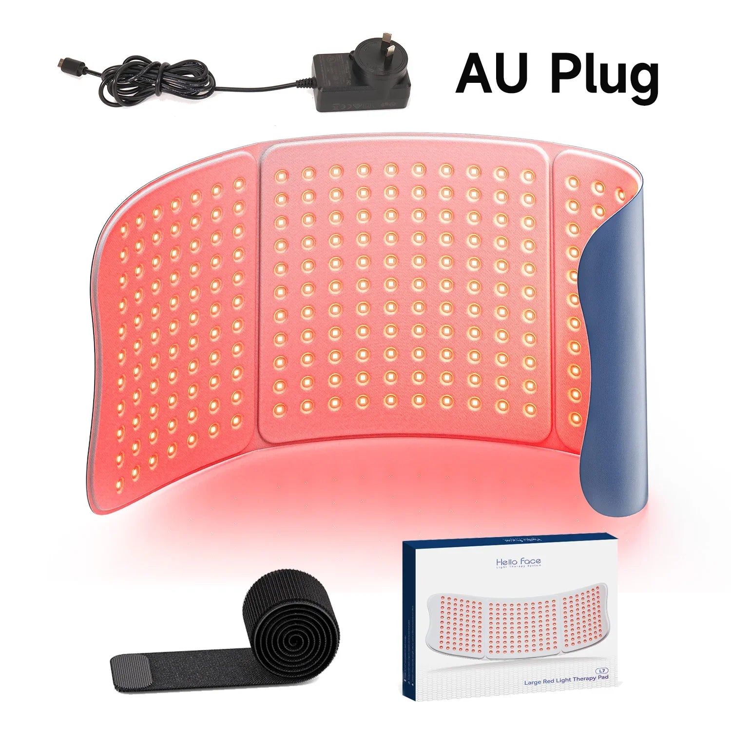 Large red light therapy mat with 792 LEDs, flexible tri-fold design, power adapter with AU plug, and strap.
