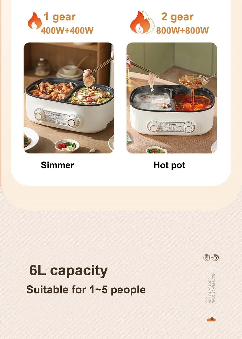 6L electric hot pot with 2 heat settings for simmering and hot-pot cooking