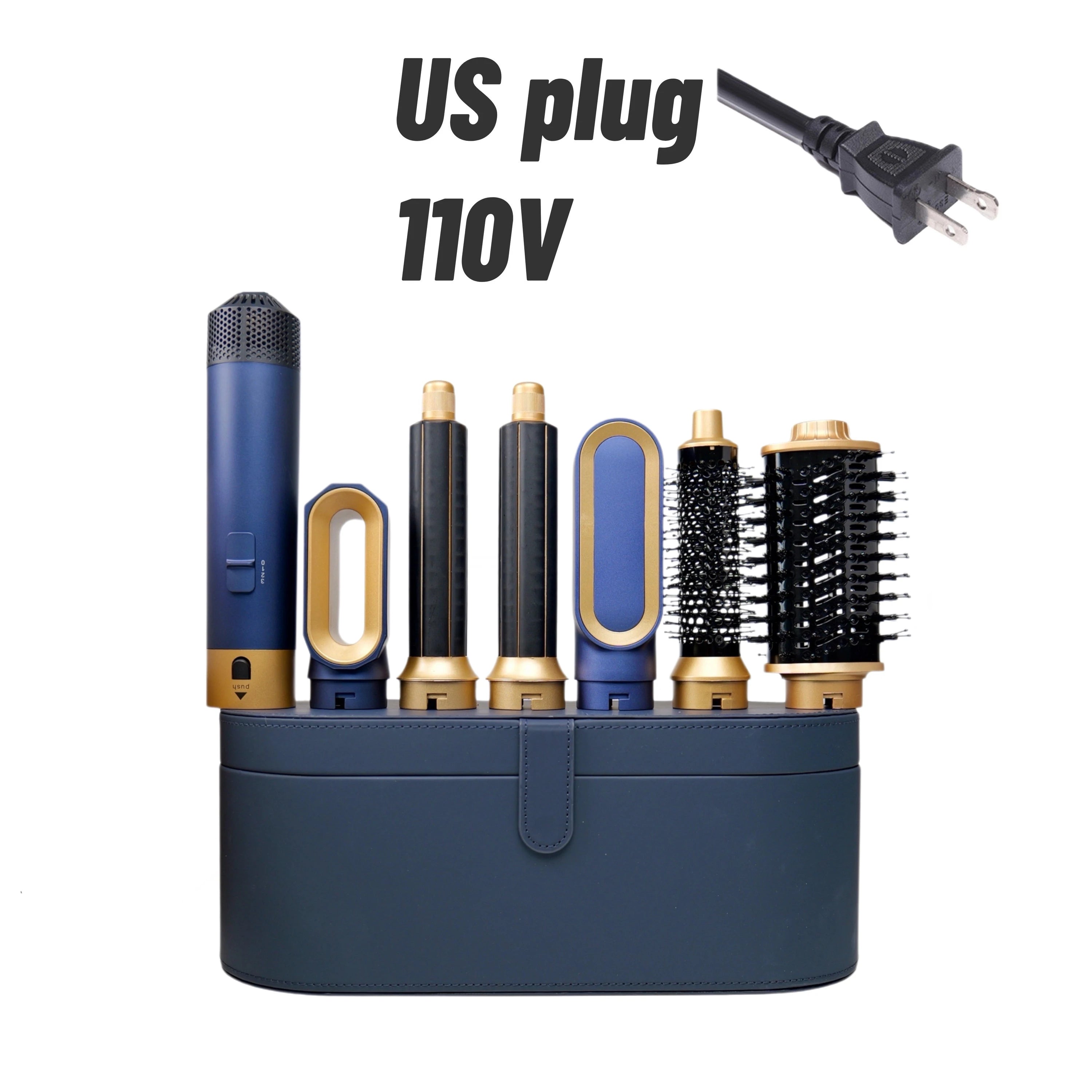 Blue and gold 6-in-1 hair styler set with US plug, curling barrels, and hot air brushes in a storage case.