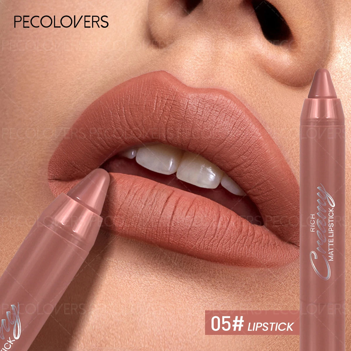 Creamy matte nude lipstick pencil in shade 05, creating plump, defined contours for a charming lip makeup look.