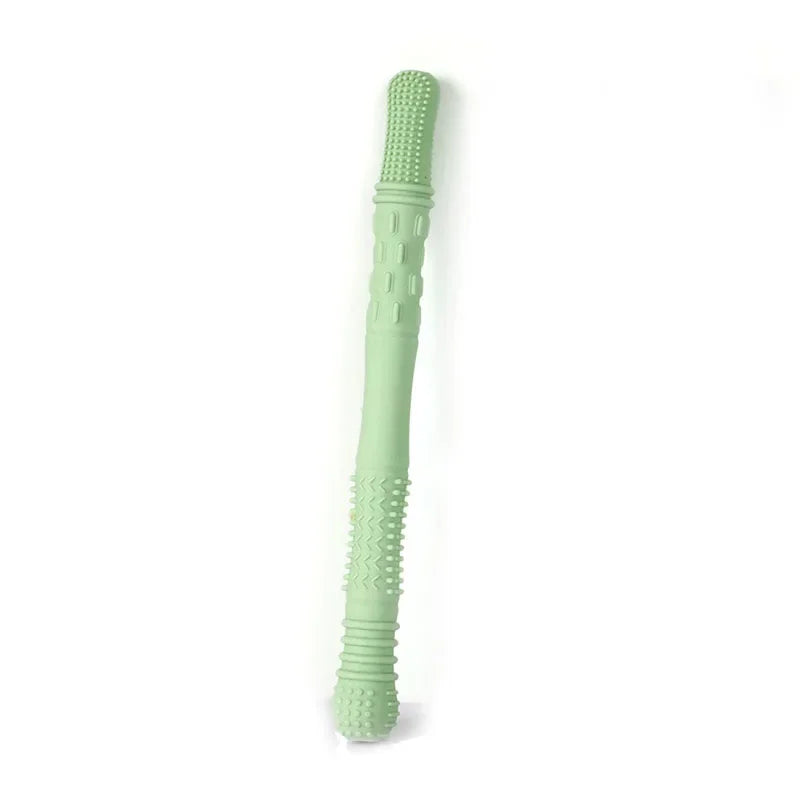 Sage green silicone baby teething toy stick for soothing relief.
