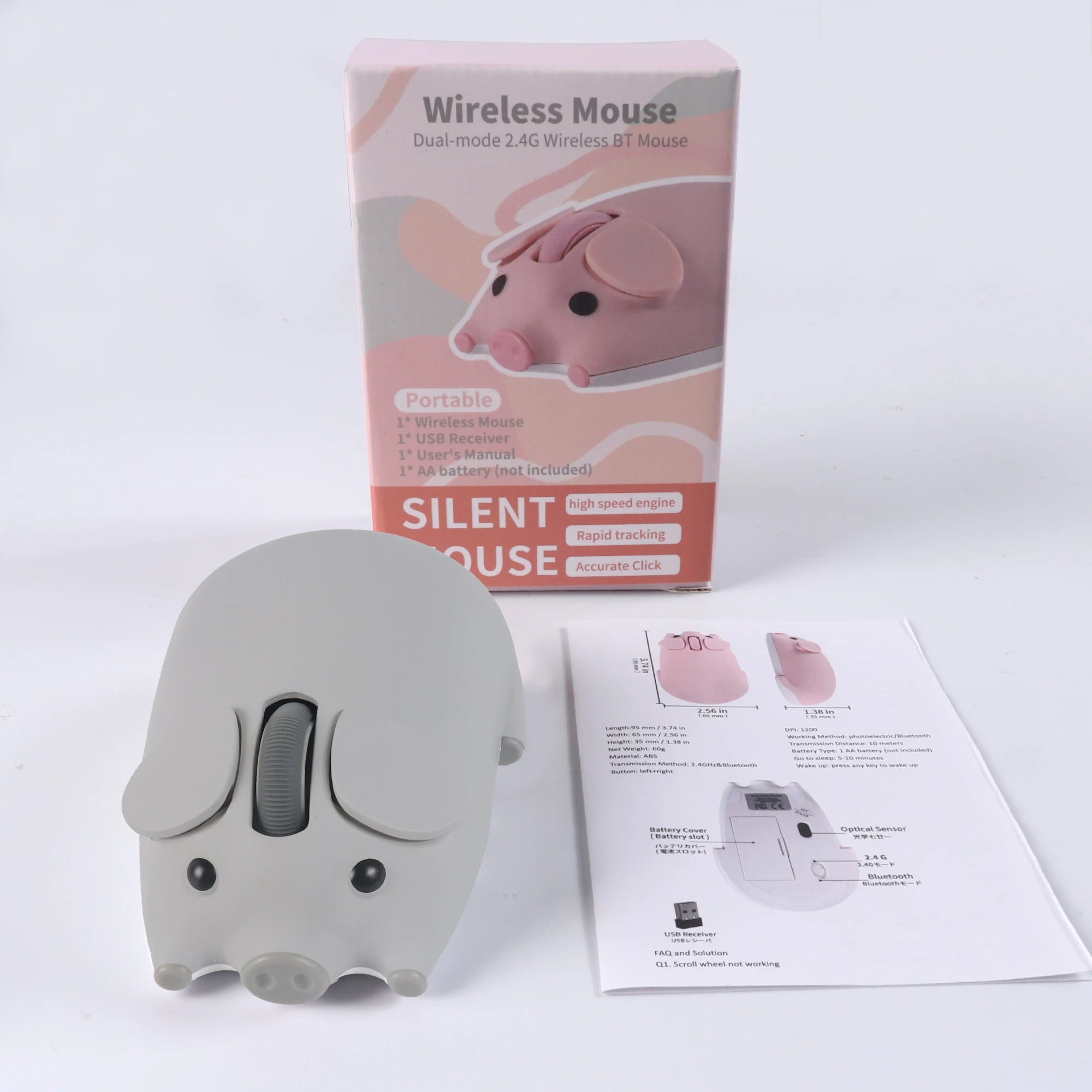 Cute 3D Little Pig Wireless Mouse 2.4G Bluetooth Dual-mode Silent For Women Office Laptop PC