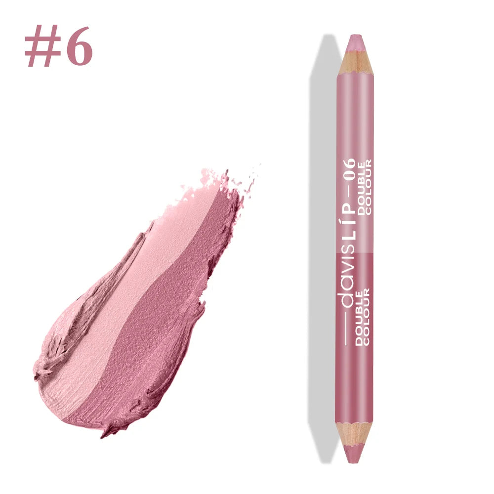 Professional dual-ended pink lip liner pencil and creamy matte lipstick swatch for long-lasting waterproof makeup.