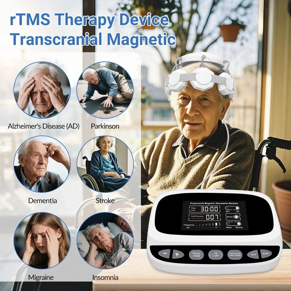 GOVW rTMS brain health device with white headset and digital control unit for home neurofeedback therapy.