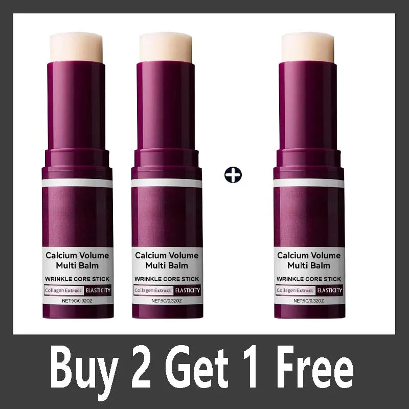 Three Calcium Volume Multi Balm skincare sticks in dark purple packaging with beige twist-up balm tips.