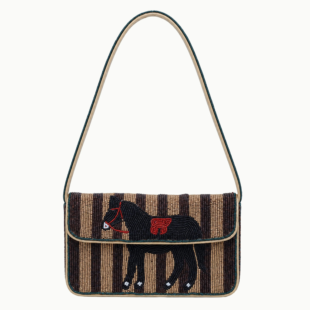 Beaded bohemian shoulder bag, brown striped pattern with black horse design, single strap, chic designer handbag.