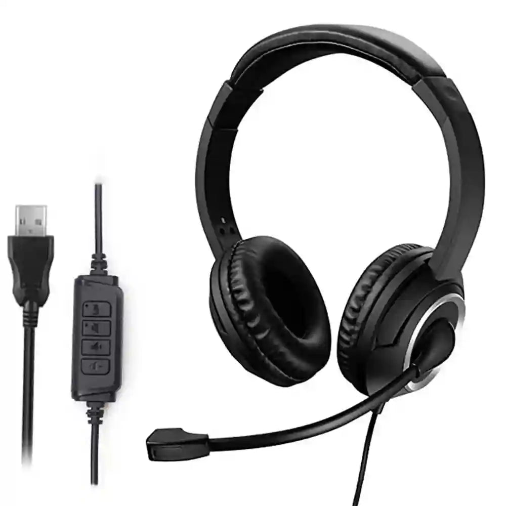 USB Wired Headset with Noise Cancelling Mic - Over-Ear PC Headset Black black Tidesmit