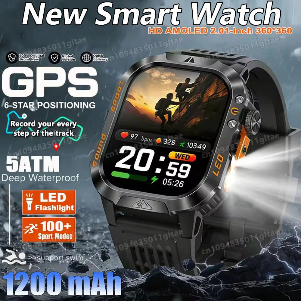 Military Outdoor Smart Watch Men’s GPS Tracking Flashlight Bluetooth Call 2.01" AMOLED Screen 5ATM Waterproof Sports Smartwatch