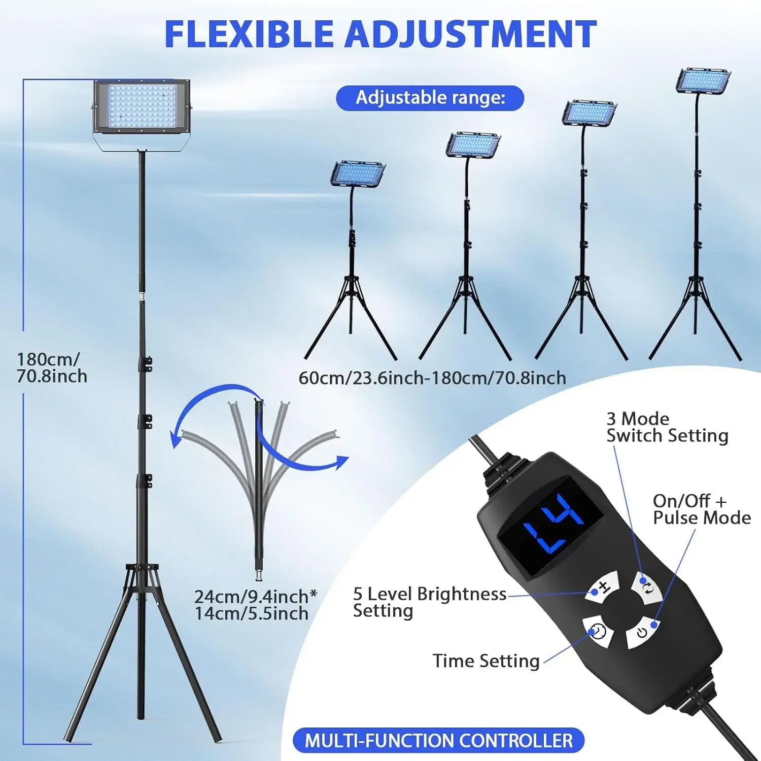 50W blue light tanning lamp on adjustable tripod stand with 96 LED bulbs, height range, and multifunctional controller.
