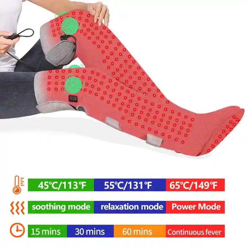 Red fabric leg physiotherapy boots with red light therapy, vibration, and heat settings shown in a feature table below.