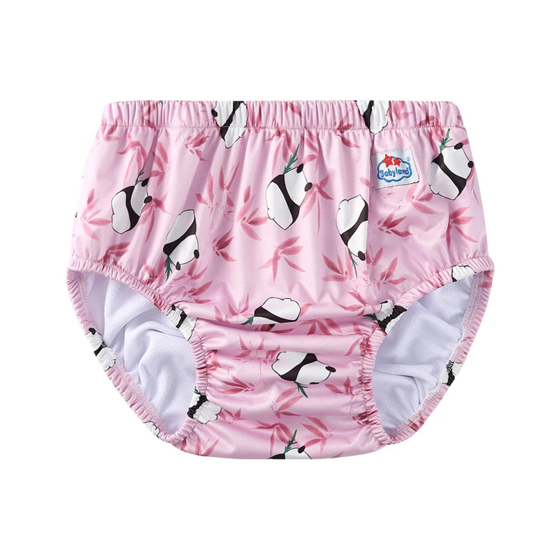 Babyland reusable cloth baby training diaper in pink with cute panda and bamboo print for baby care.