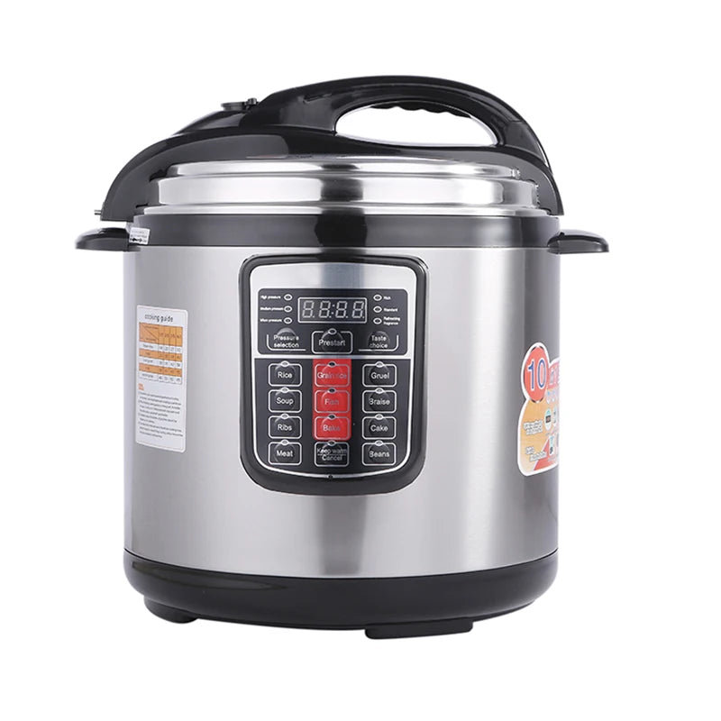 Electric pressure cooker with stainless steel body, black handle and digital control panel