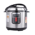 Electric pressure cooker with stainless steel body, black handle and digital control panel