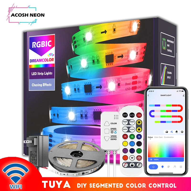 WS2811 Dreamcolor LED Strip Lights,16.4ft/5m RGBIC TUYA WiFi Phone App Controlled Waterproof Smart Music Sync Light Strip
