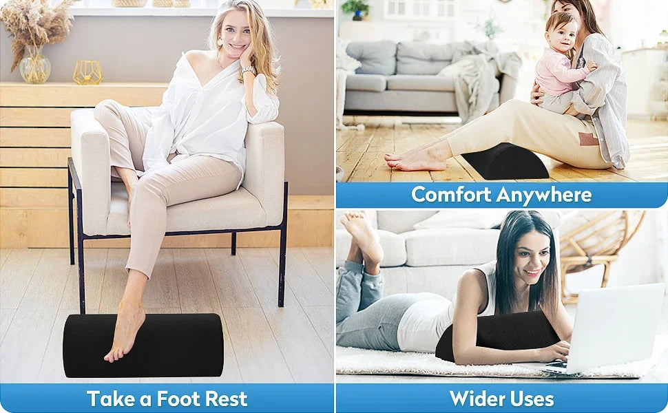 Black ergonomic memory foam foot rest stool for under desk, office, or home, featuring non-slip base and washable cover.