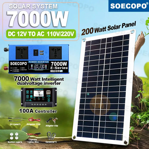 7000W blue solar power inverter, 200W solar panel, 100A controller, cables, clips, and accessories for outdoor camping.
