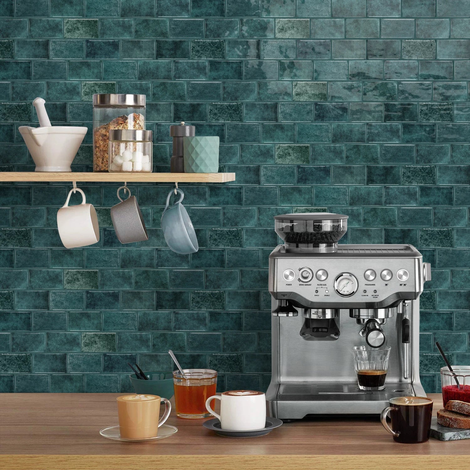 Dark teal ceramic tile sticker strip backsplash with glossy brick-style rectangular tiles