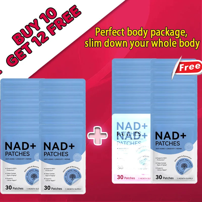 30PCS NAD+ weight management body patches in blue packaging for anti-aging, longevity, and easy slimming support.