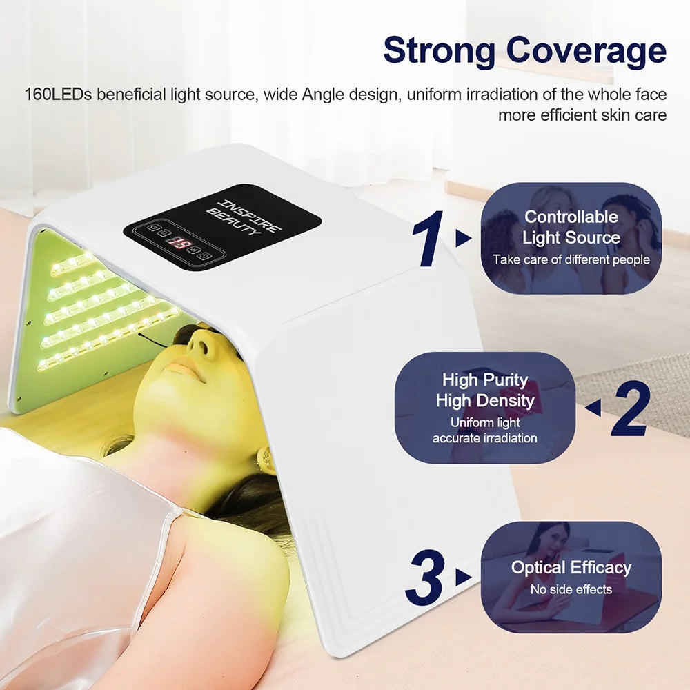 White, arch-shaped LED light therapy machine over a woman's face, featuring 160 LED lights and a digital control panel.