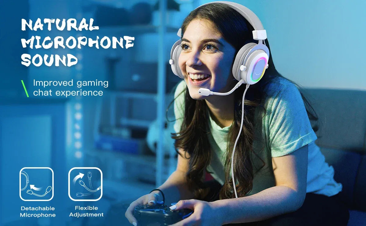 FIFINE RGB Gaming Headset with 7.1 Surround Sound/3-EQ/MIC,Over-ear Headphone with In-line Control for PC PS4 PS5 Ampligame-H6W Tidesmit