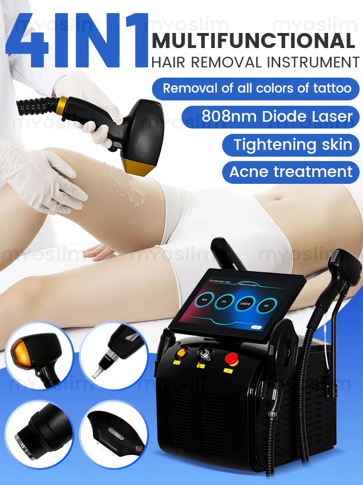 Tidesmit 4-in-1 4500W laser machine displaying side profile of professional hair and tattoo removal laser handles