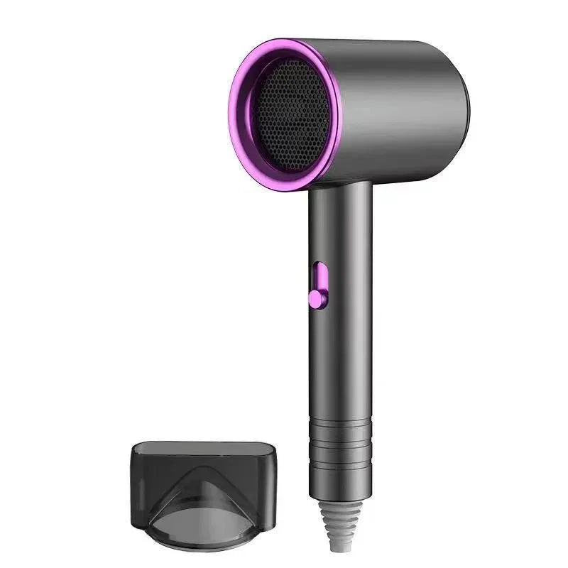 2000W professional ionic hair dryer in grey and purple with magnetic styling concentrator nozzle attachment.