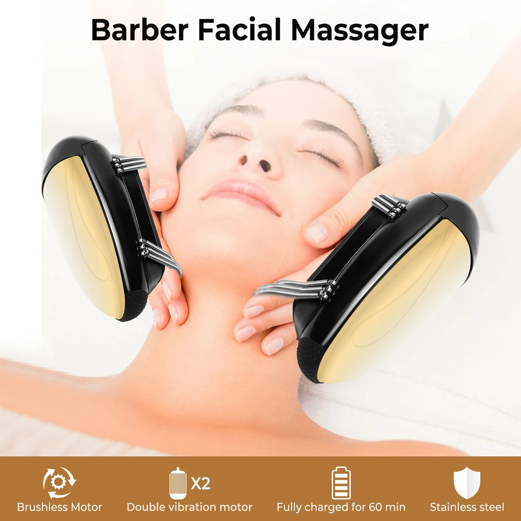 A person receiving a facial massage with two sleek, black-and-gold handheld vibration devices with stainless nodes.