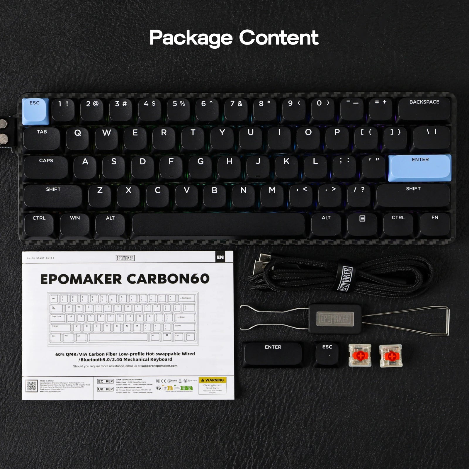 EPOMAKER Carbon60 60% ANSI US Layout Tri-mode Wireless Mechanical Keyboard with QMK/VIA Programmable & RGB Backlights