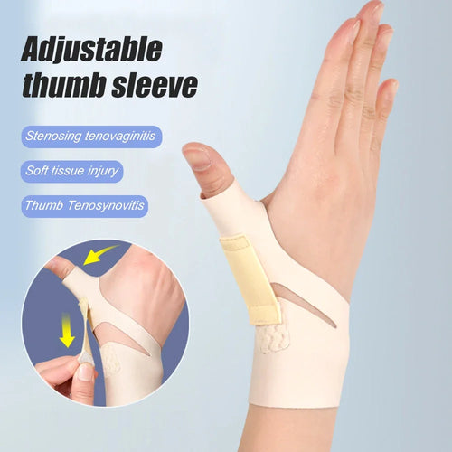 Beige thumb sleeve support for pain relief from tenosynovitis and soft tissue injury.