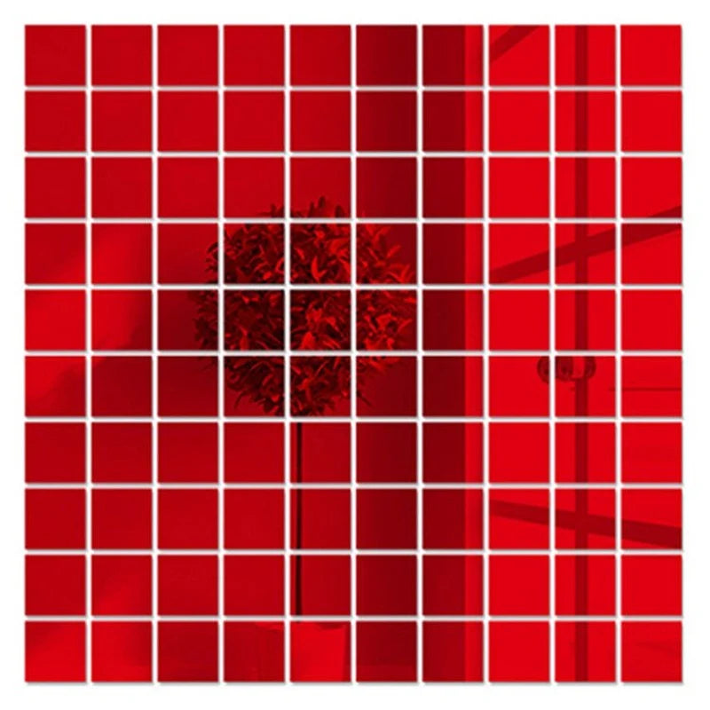 Red 3D mosaic mirror wall sticker tiles sheet with small square decal grid
