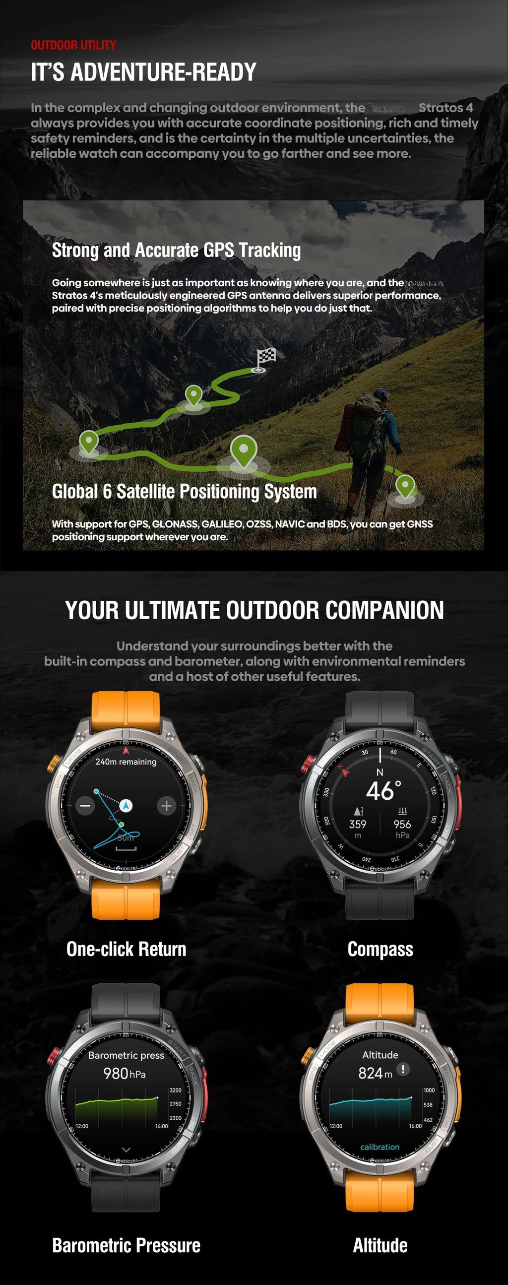 Stratos 4 GPS Smart Watch 1.43 AMOLED Display Built-in Compass Barometric Altimeter Flashlight Voice Call Smartwatch