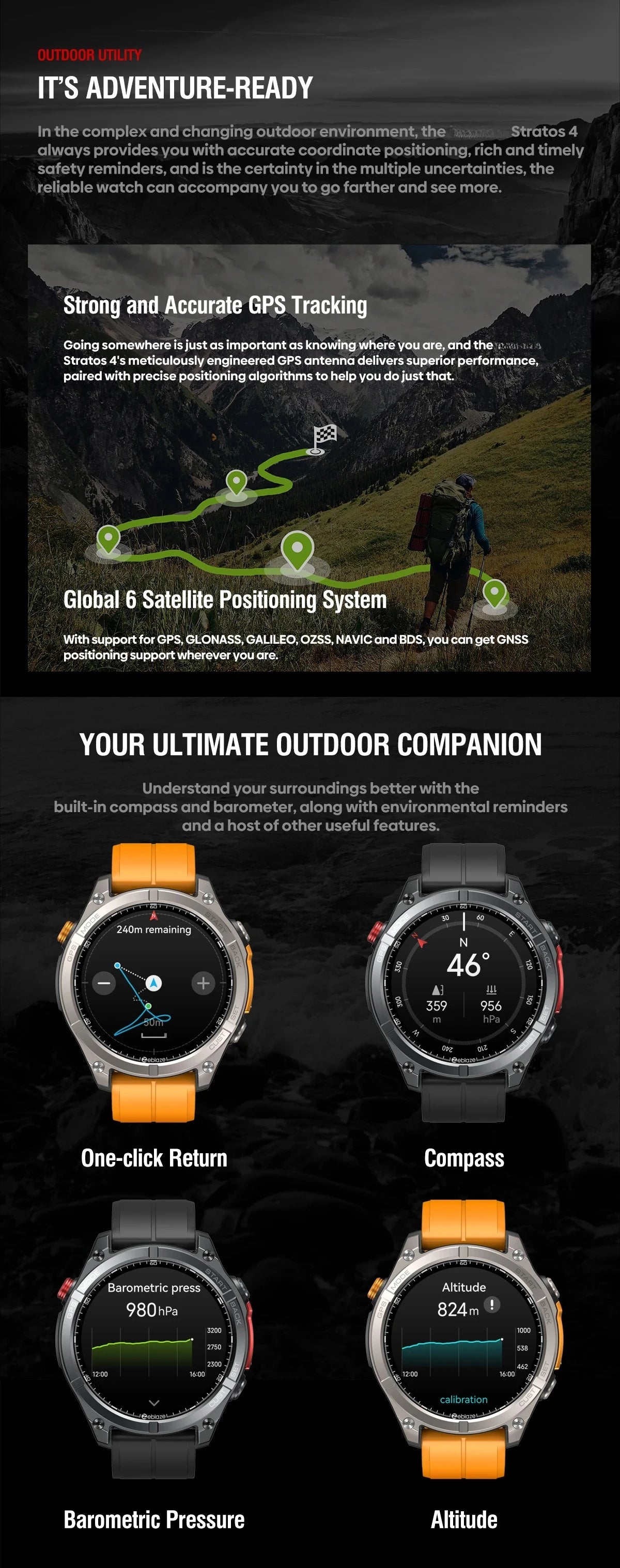 Stratos 4 GPS Smart Watch 1.43 AMOLED Display Built-in Compass Barometric Altimeter Flashlight Voice Call Smartwatch