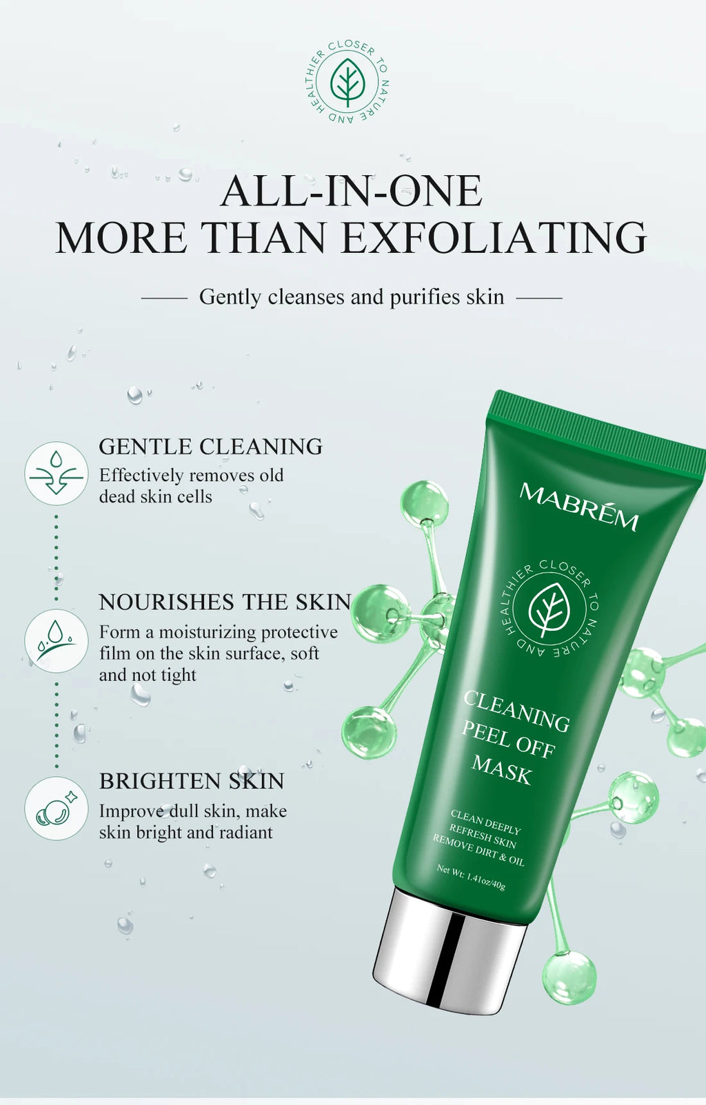 Green tube of MABRÉM Cleaning Peel Off Mask on a light background with floating green essence bubbles and text.