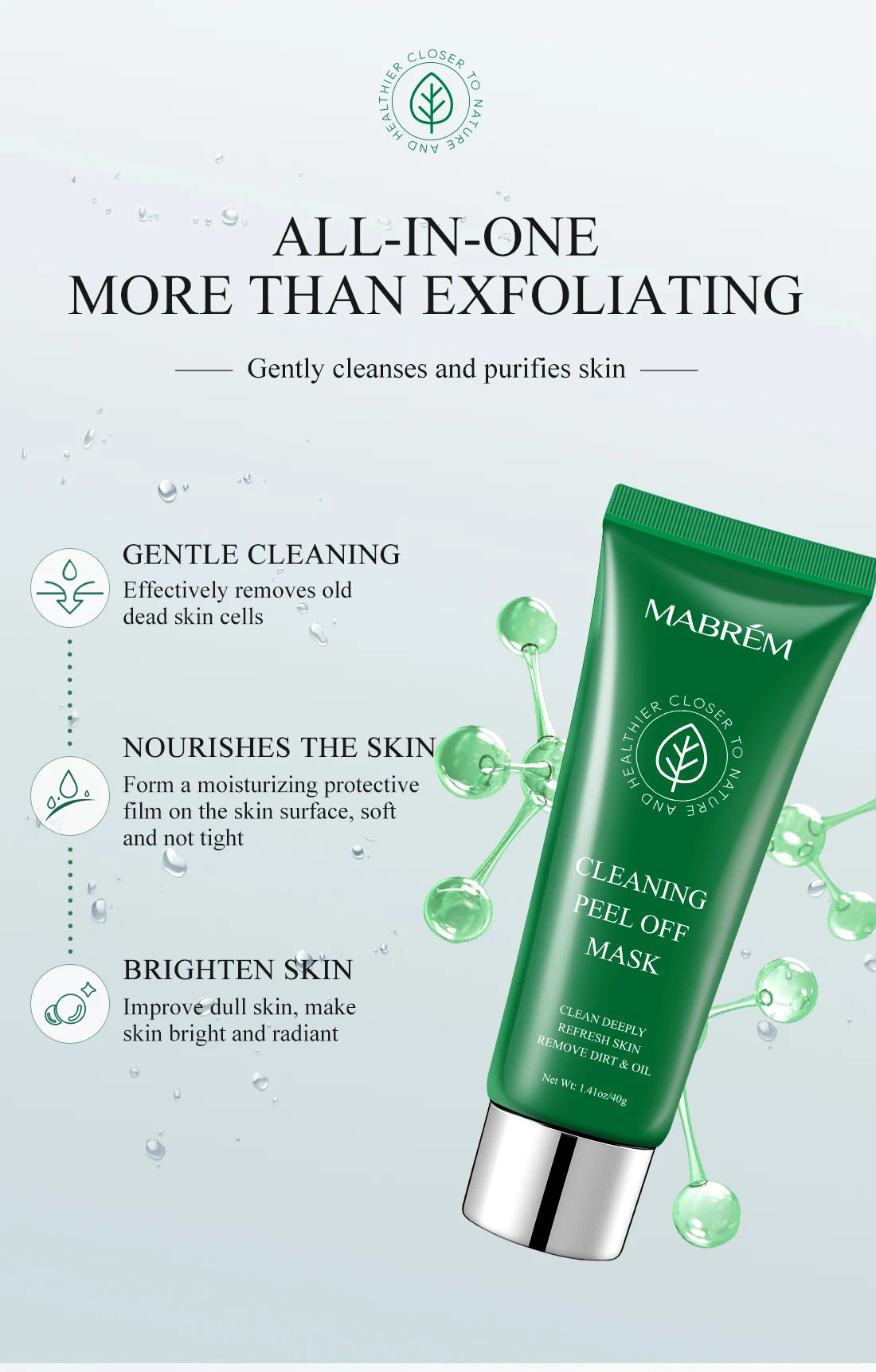 Green tube of MABRÉM Cleaning Peel Off Mask on a light background with floating green essence bubbles and text.