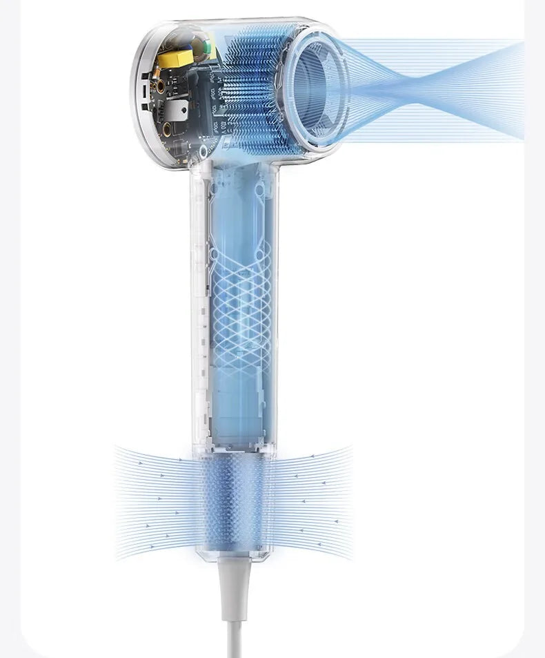 Transparent 345g high-speed hair dryer with intelligent constant temperature, noise reduction, and powerful airflow.