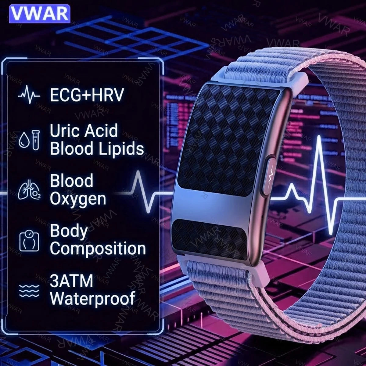 VWAR FLOW ECG Smart Fitness Bracelet Heart Rate Blood Oxygen Sleep Monitor Body Temperature Stress Tracker Women Men Health Band