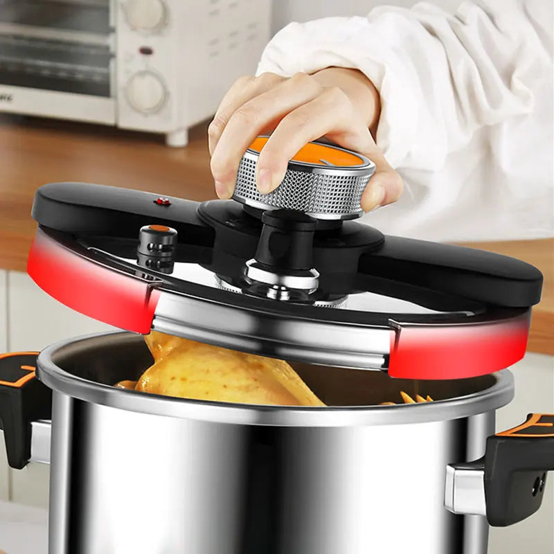 Stainless steel pressure cooker with hand locking the lid and steam vent