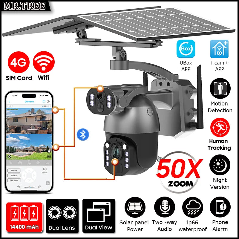 4K 50X Optical Zoom Solar Camera 10MP Dual Lens Home Outdoor 4G Sim PTZ Surveillance WIFI Security AI Auto Tracking CCTV IP Cam