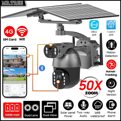 Solar security PTZ camera with dual lens, 50x zoom, night vision; black housing