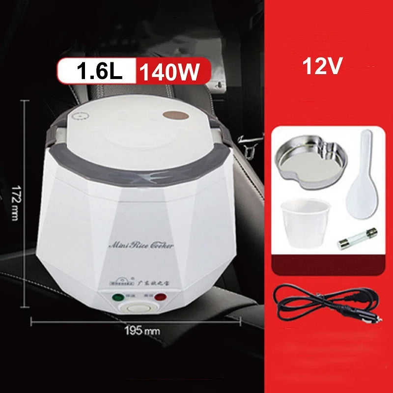 1.6L portable car rice cooker, white lunch box with lid and front control panel