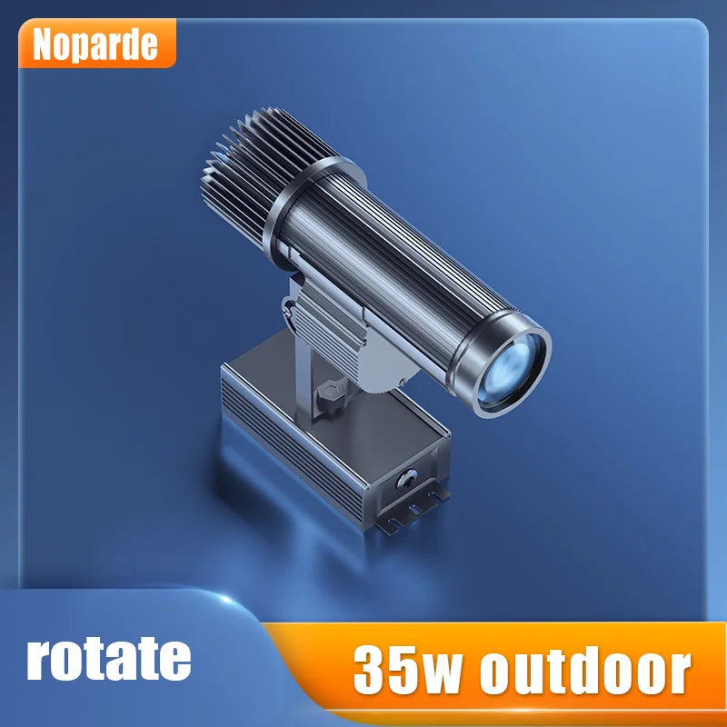 35W outdoor LED logo projector with rotating spotlight head, finned heat sink, black