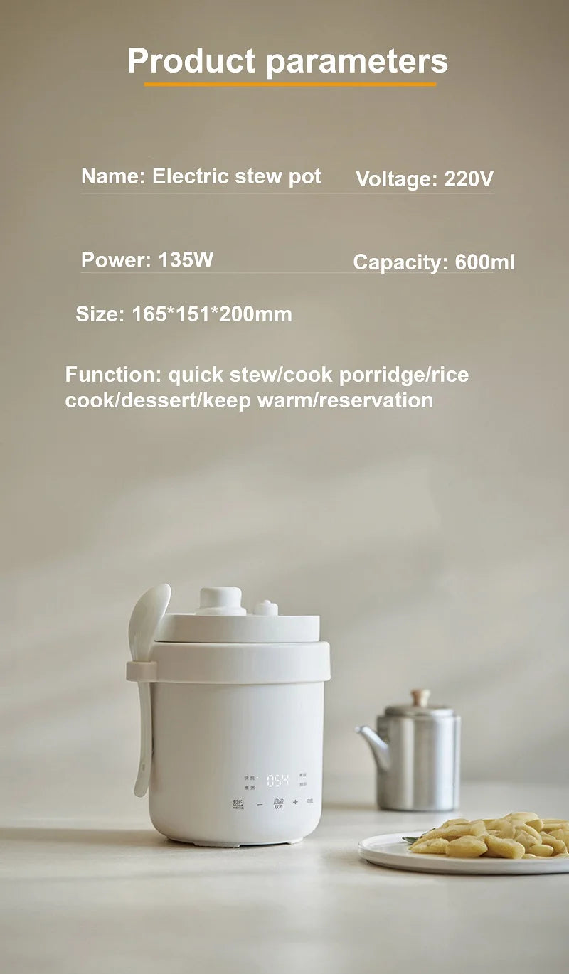 White electric stew pot, 600ml capacity, 135W power, measurement markings shown