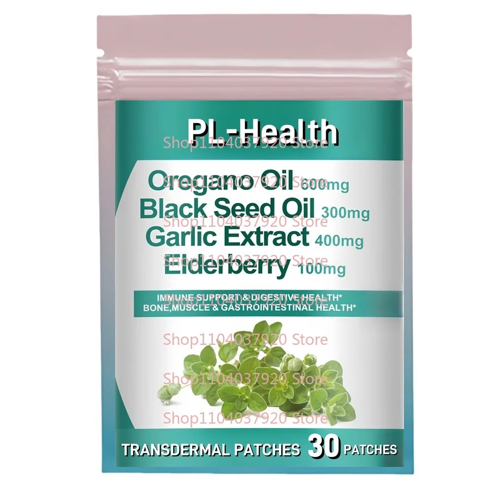 30 Patches Oregano Oil Transdermal Patches with Black Seed Oil Garlic Elderberry - Immune & Digestive Support